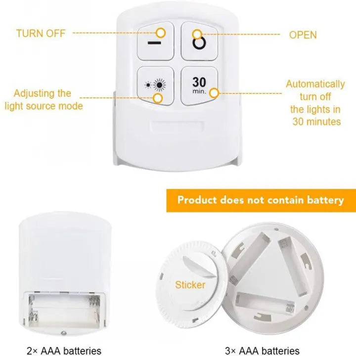 Set of 3 LED lamps with Remote Control, Battery Operated, For Cabinets, Bathroom, Kitchen, Bedside Table, Wardrobe