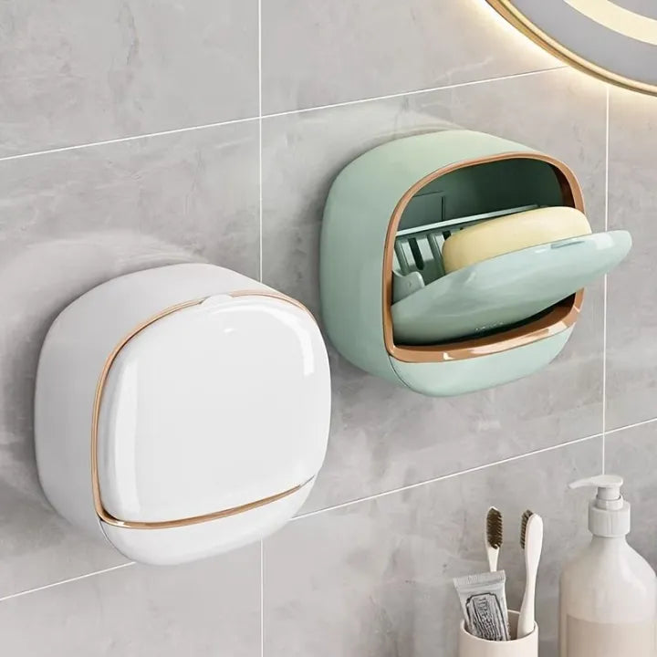Elegant Wall-Mounted ABS Soap Dish with Lid and Tray for Bathroom