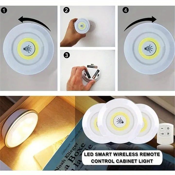 Set of 3 LED lamps with Remote Control, Battery Operated, For Cabinets, Bathroom, Kitchen, Bedside Table, Wardrobe