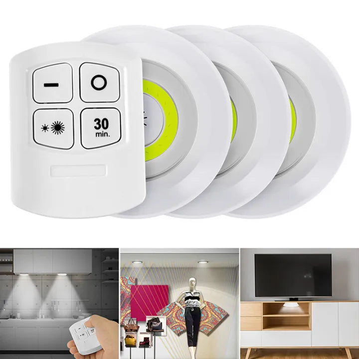 Set of 3 LED lamps with Remote Control, Battery Operated, For Cabinets, Bathroom, Kitchen, Bedside Table, Wardrobe